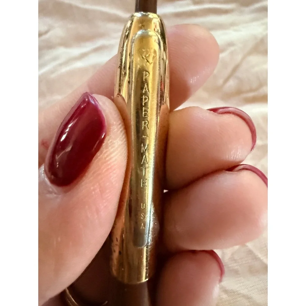 Vintage Paper Mate Brown and Gold Ballpoint Pen Double Heart Logo USA Made